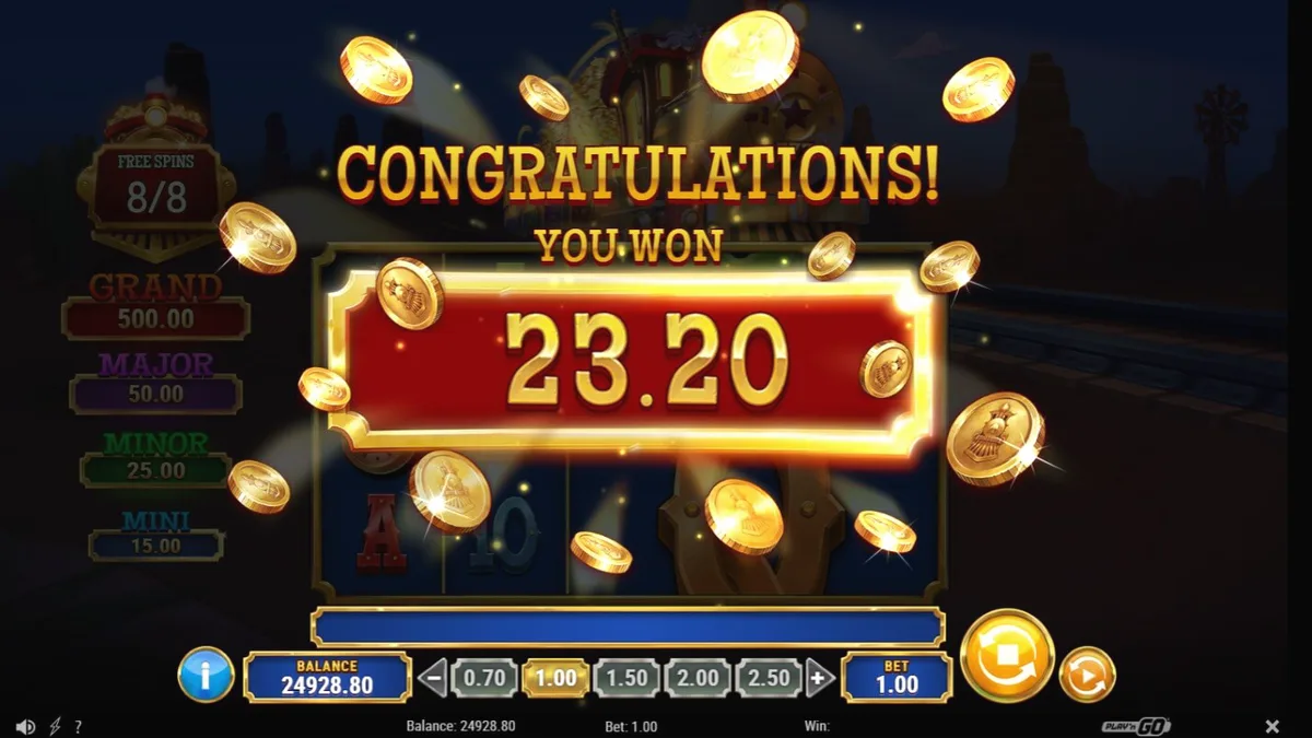 Tampilan visual slot Track’n Gold dengan latar belakang kereta api uap di gurun.