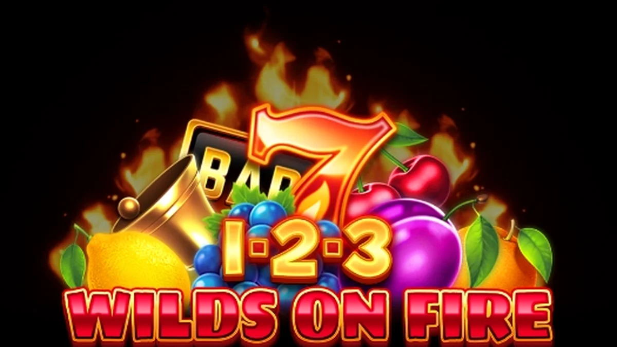 Simbol buah dan angka 7 yang terbakar dalam slot 1-2-3 Wilds on Fire