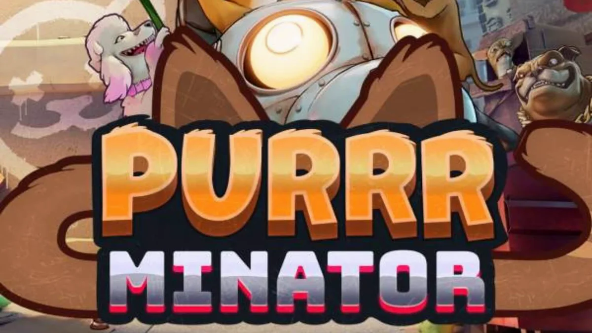 Pemandangan futuristik di Purrrminator Dream Drop dengan latar belakang kota neon